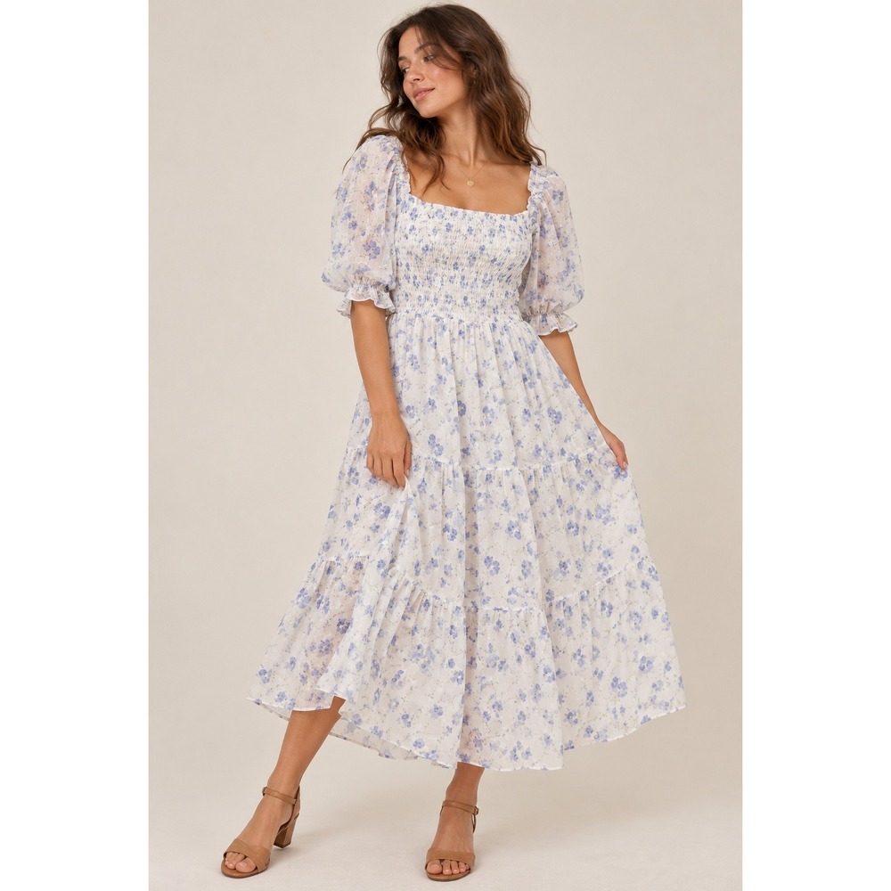 Baltic Born Fabian Jacquard Midi Dress L Blue Floral Smocked Cottage Prairie